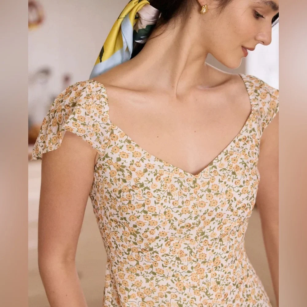 NWT RIHOAS The Yellow V Neck Floral Slit Midi Dress Sz XS - Picture 2 of 6